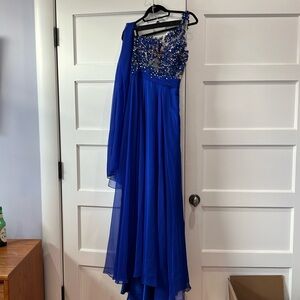 Royal blue off the one shoulder evening dress with rhinestones and lace.